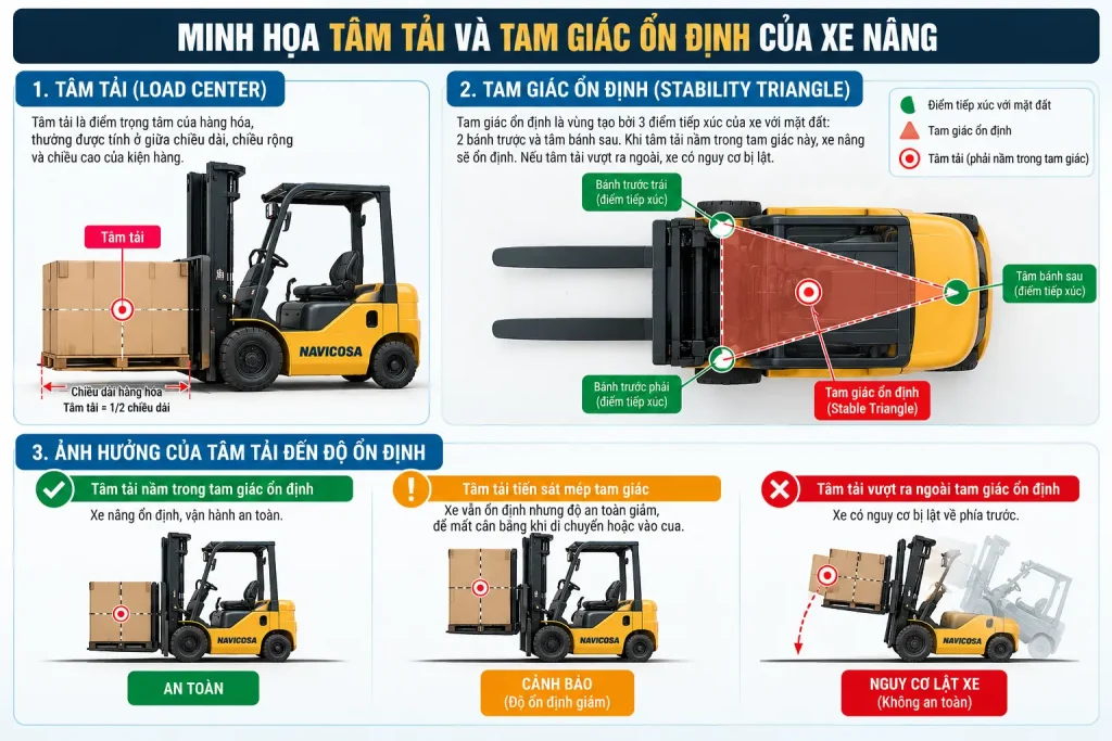 Minh hoa tam tai va tam giac on dinh xe nang hang